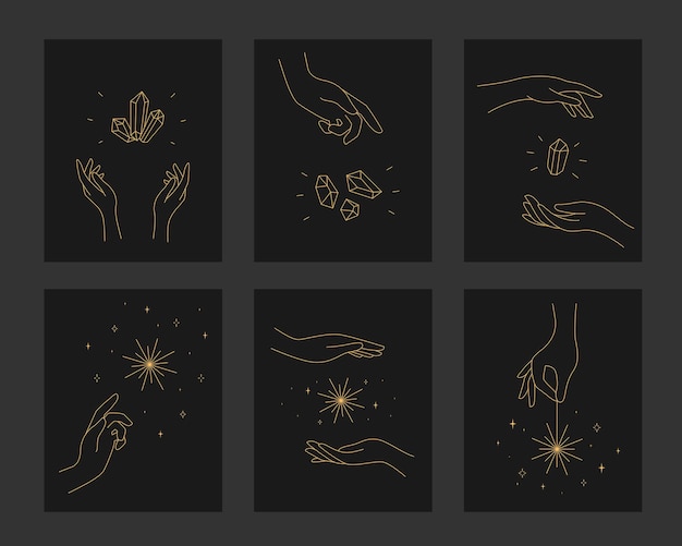 Set of magic cards with hands, stars and crystal.