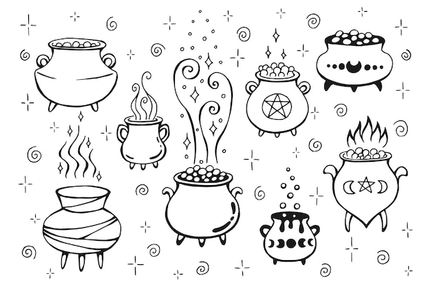 Set di calderone magico illustrazione vettoriale disegnata a mano isolata su sfondo bianco