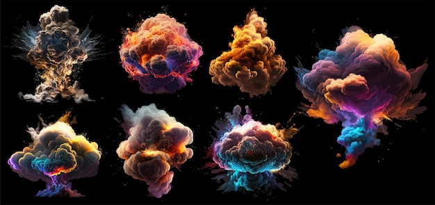 Set magic explosion, game bomb boom effect with colorful clouds. Isolated smoke cumulus elements of