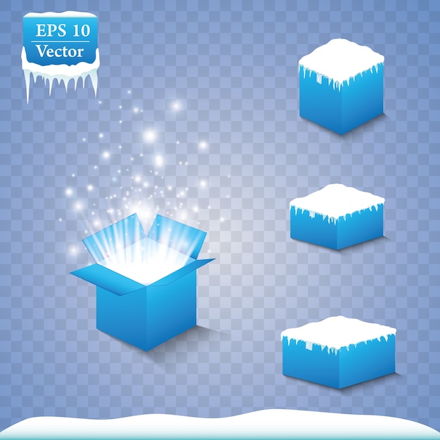 Set of magic gift boxes on a blue background, snow and icicles