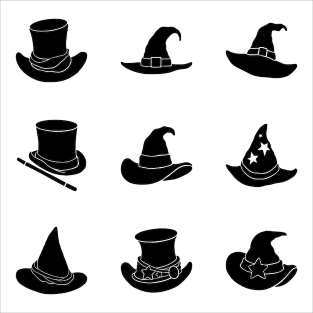 set of magic hat silhouette vector