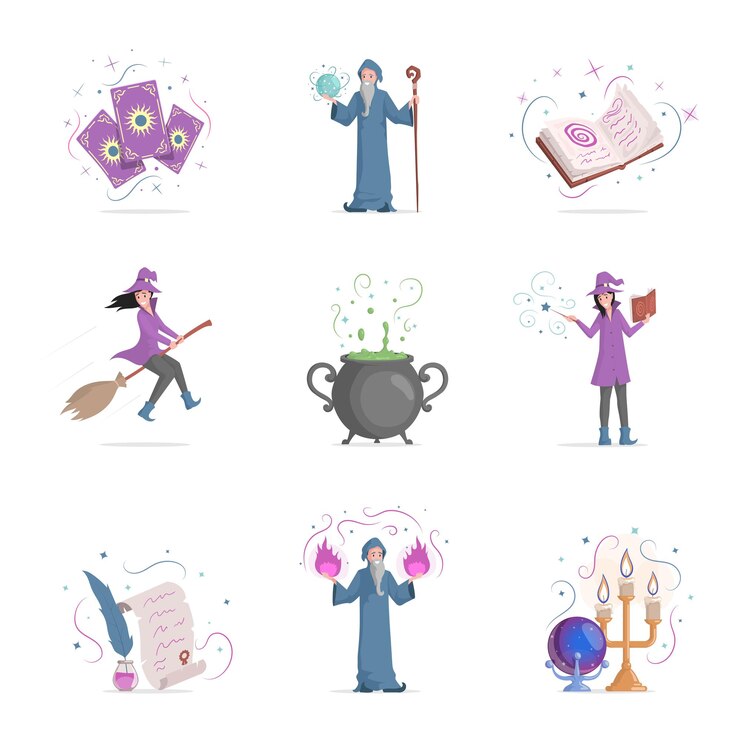 Vector 白で隔離される魔法のアイテムベクトルフラットイラストのセット