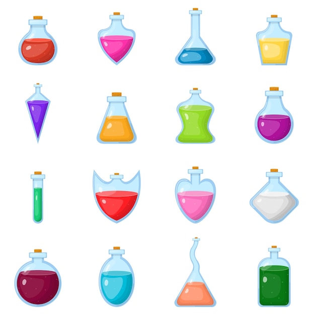 Vector set of magic potion in bottle isolated on white background. chemical or alchemy elixirs