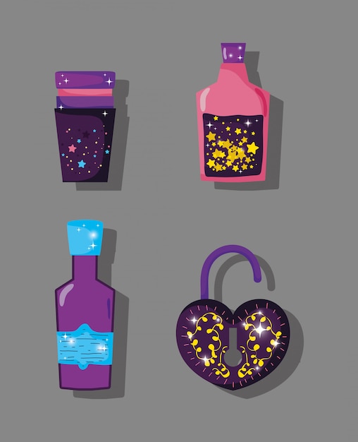 Vector set magic potions effect with padlock conjure