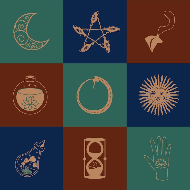 Vector set of magic symbols celestial seamless pattern astrological magical and esoteric symbols