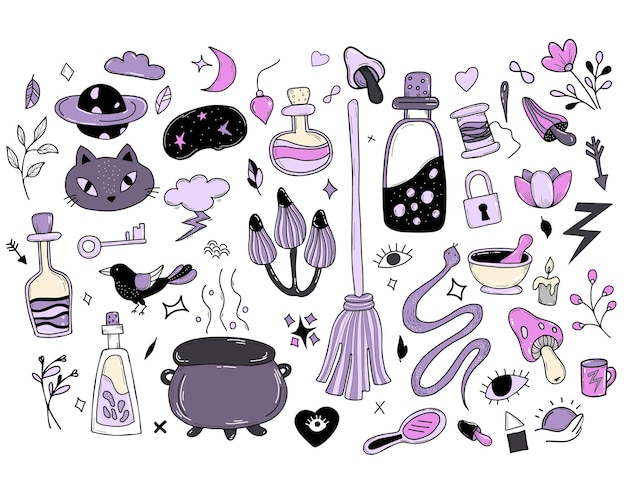 Vector set magic witchcraft occult items for witches amulets ritual objects cat snake love potion mushrooms