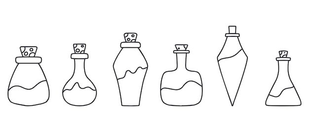 A set of magical bottles A set of jars of poison Vector illustration Doodle style