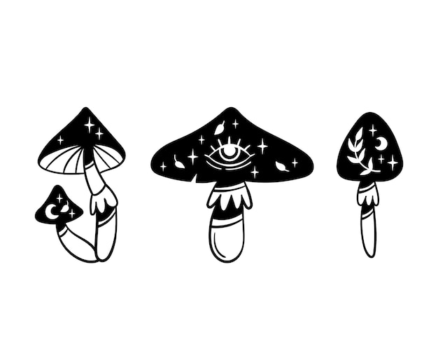 Vettore set di magici funghi mistici clipart vettoriali in bianco e nero in stile boho