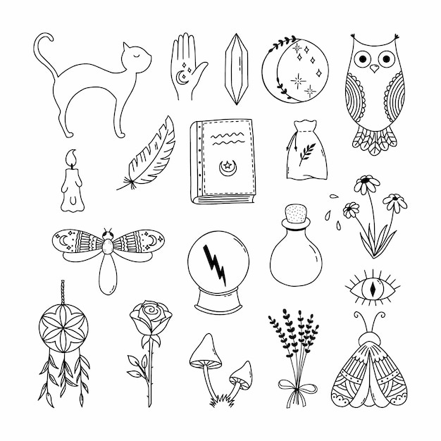 Vector set of magical symbol in doodle style illustration for halloween magic and alchemy