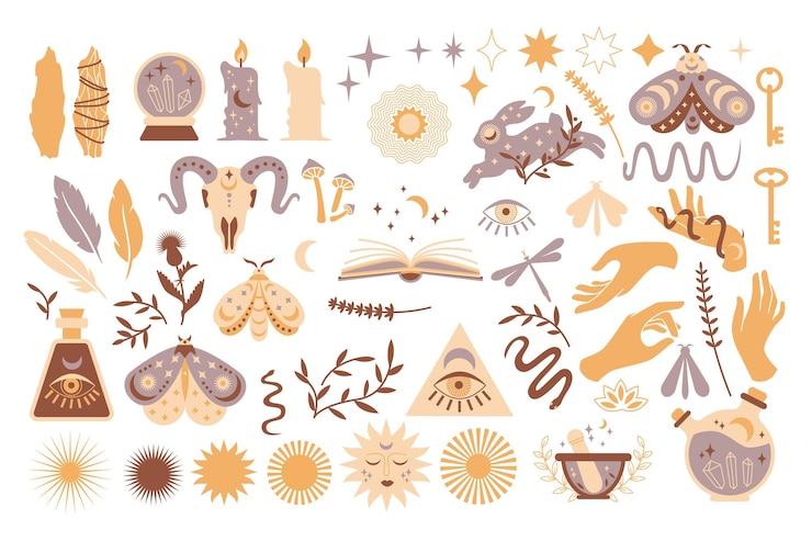 Set magische symbolen, esoterische heks tatoeages. Collectie van wassende maan, zon met gezicht, handen, planten, magische bal en sterren, kristallen. Vector platte mystieke vintage illustratie. Boho-ontwerp voor kaart