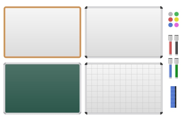 Набор магнитных маркерных досок. Пустая бело-зеленая доска для рисования, презентации, списка дел. Изолированные на белом фоне. Векторная иллюстрация.