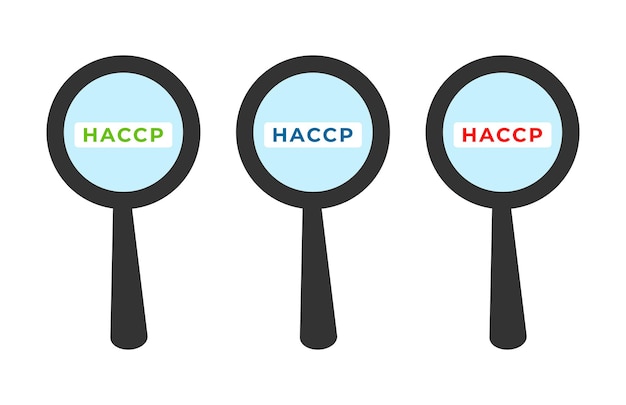 HACCP 食品安全チェック ハザードおよび重要管理点分析という言葉が入った虫眼鏡のセット