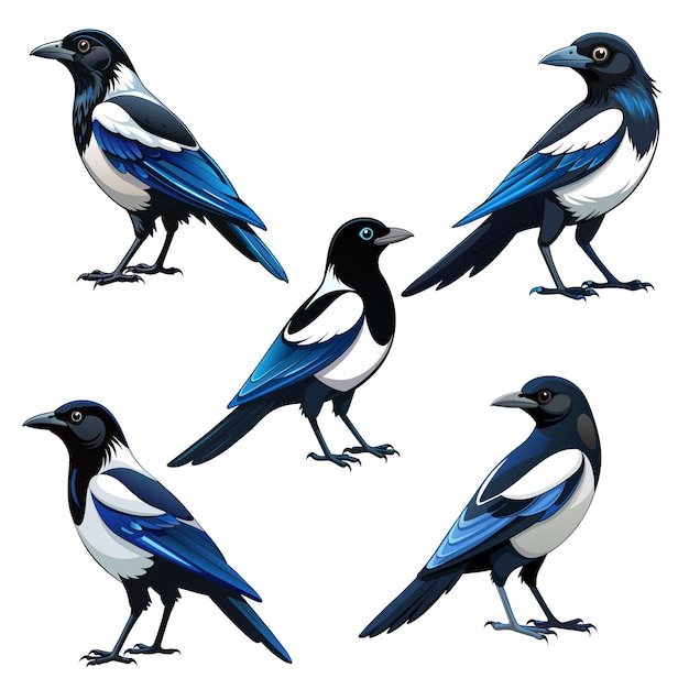 Set of magpie cartoon flying bird beautiful character of ornithology of crow with white feathers