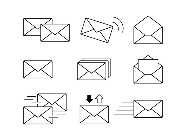 Набор почтовых иконок, очертаний, векторных иллюстраций, символов конвертов, пакетов