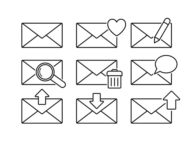 Набор почтовых иконок, очертаний, векторных иллюстраций, символов конвертов, пакетов