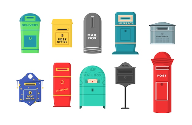 Set of mailboxes, letter boxes, pedestals for sending and receiving letters, correspondence, newspapers, magazines, bills. set of mailbox for delivery envelopes, parcel in flat style.