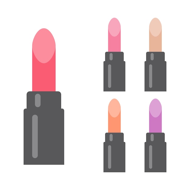 Set make-up artikelen. Vijf heldere lippenstiften. Vector illustratie.