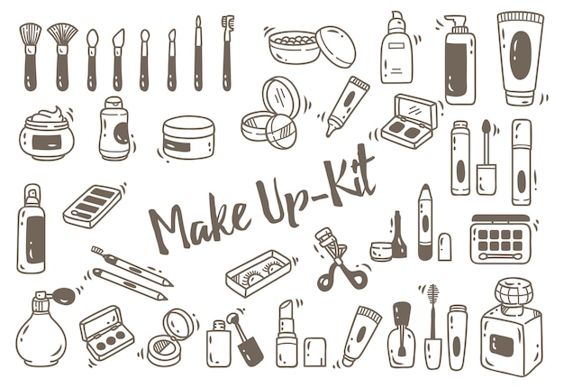 Vector set of make up kit in doodle style