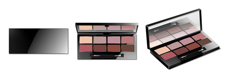 Vector set of makeup eyeshadow palettes isolated on white background eyeshadow or blush kit containers opened and closed compact makeup cosmetic case with mirror 3d realistic vector