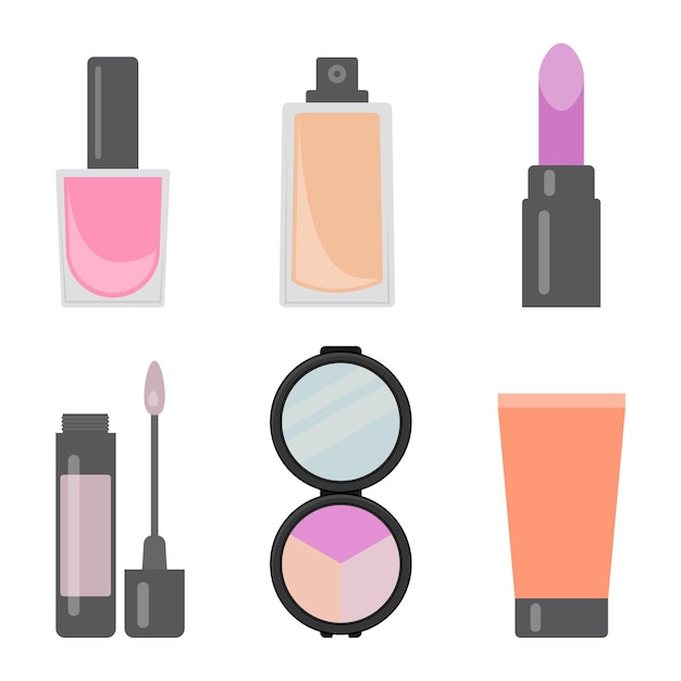 Vector set of makeup items. nail varnish, cream for the skin, lipstick, lip gloss, eye shadows, cosmetic tube. vector illustration.