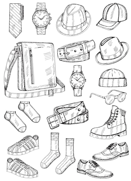 Premium Vector  Set of male accessories sketch, hand-drawn, watch, bag,  socks, shoes