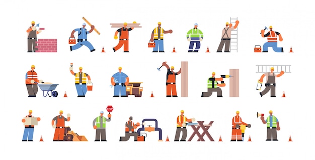 Набор мужчин-строителей с профессиональным оборудованием во время различных строительных работ занятые строительные рабочие в униформе плоской полной длины горизонтальной