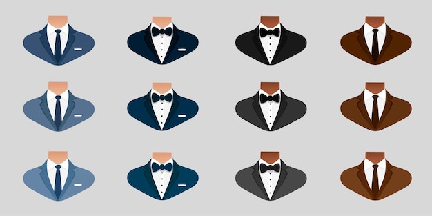 A set of male busts in business suits in different colors for avatars with ties and bow ties