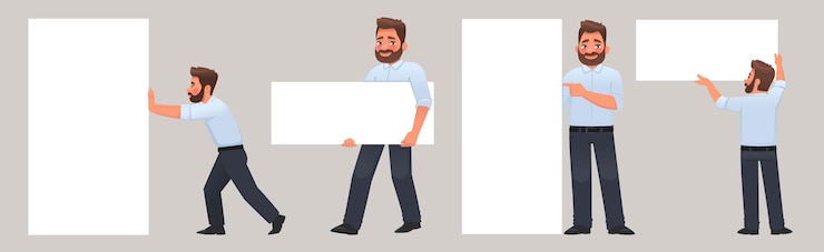 Vector set of male character interacting with white banner or poster empty space for text