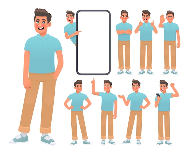 Vector set male character poses actions guy gesticulates poses points huge smartphone _ai_generated