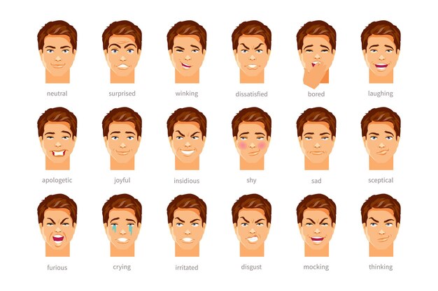 Vector set of male character with different emotions and feelings