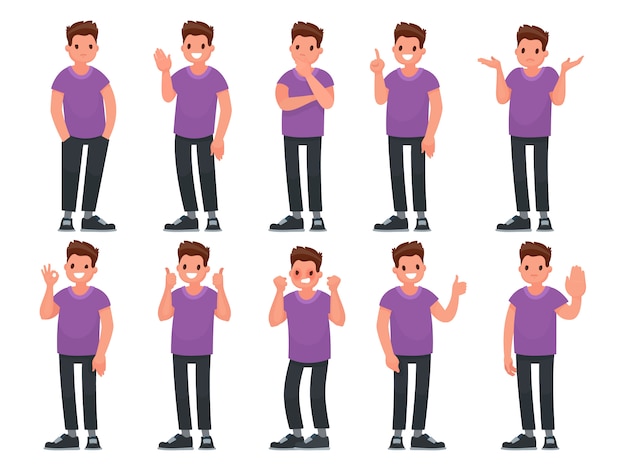 Vector set of male character with different gestures and emotions.