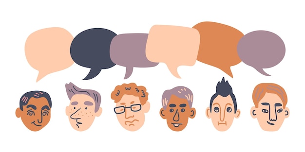 Set of male characters with speech bubbles People avatars communication concept