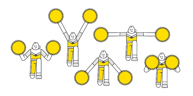 남성 치어 리더 무릎을 꿇고 포즈 손으로 그린 캐릭터 일러스트 세트