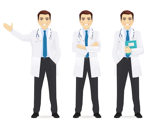 Set of male doctor in different poses on blue background vector illustration