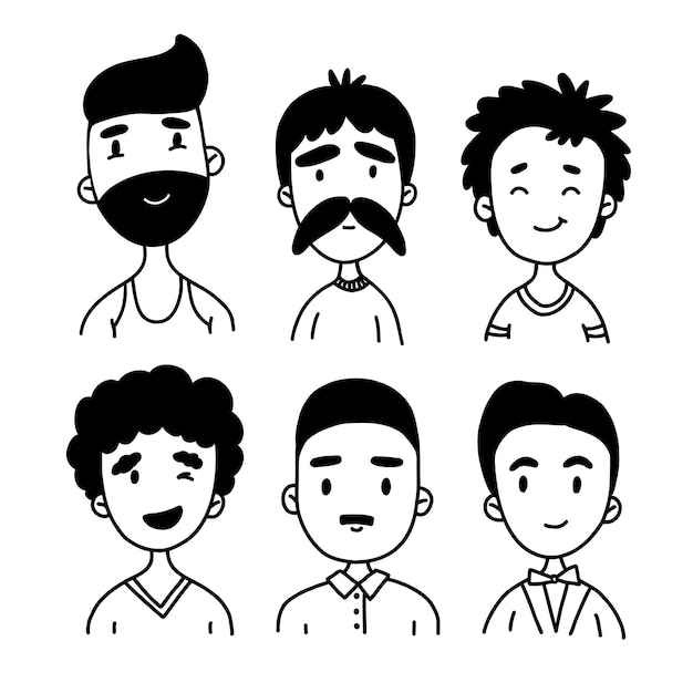 A set of male faces drawn with a black line in doodle style