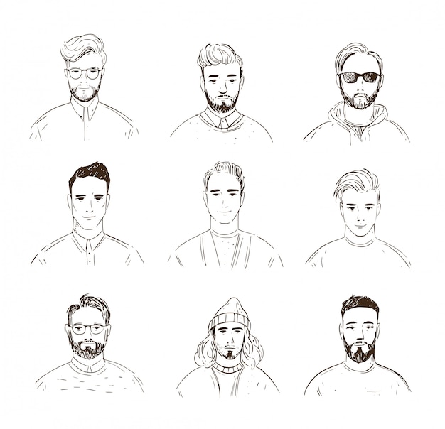 Set of male faces. Linear avatars. Line art illustration