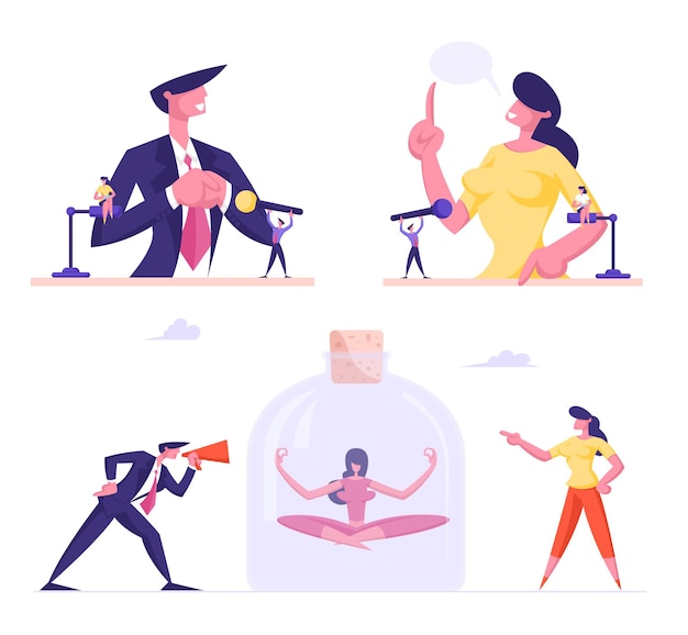 Vector set of male and female business people performing on political debates at tribunes with microphones