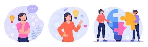 set of male and female characters having brain activity concept of thinking problem solving