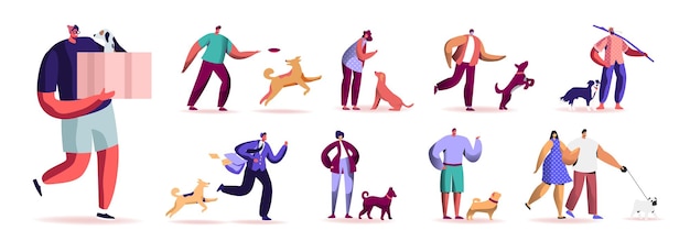 Vector set of male and female characters spending time with pets outdoors. men and women walking and playing with dogs, relaxing, care of animals. isolated on white background. cartoon people illustration