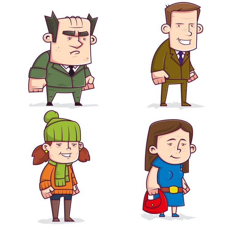 Vector set of male and female characters on a white background.