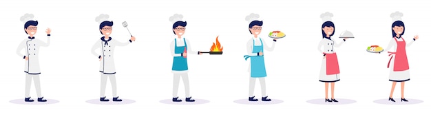 Set of male and female chef cooking food vector illustration