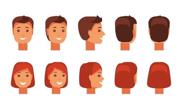 Set of male and female faces from different angles. A set of people with a happy expression