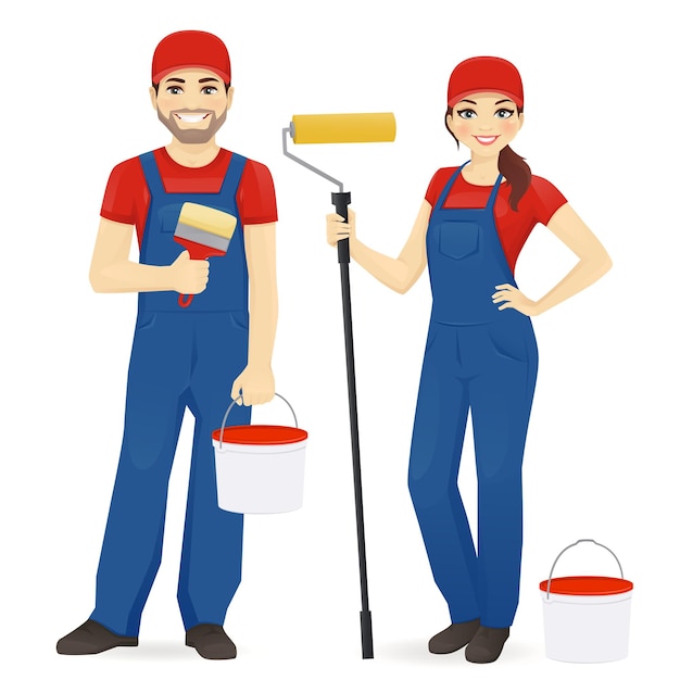 Set of male and female painters wearing blue overall with roller brush and paint isolated vector