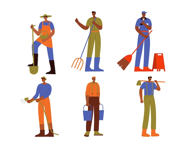 Set of Male Gardeners with Rake and Shovel Vector Illustration