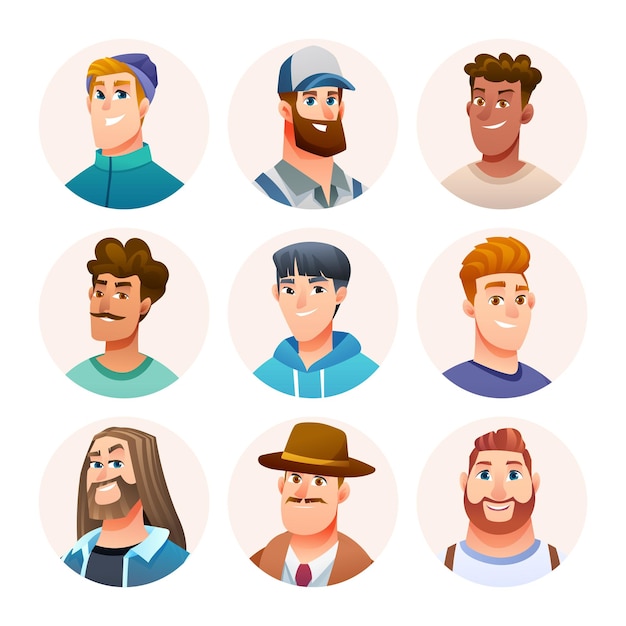 Set of man avatar characters Male avatars in cartoon style