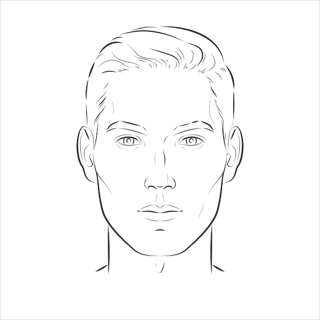 Set of man face portrait three different angles and turns of a male head. Close-up vector line sketch. Different view front, profile, three-quarter of a boy.