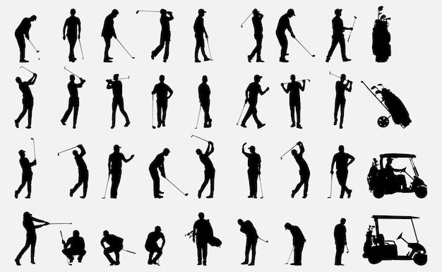 Vector set of man golf silhouettes