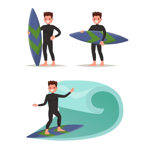 Vector set man surfer. posing with surfboard, riding on the waves.