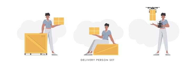 Vector a set of a man with a box and a parcel delivery concept trendy style vector