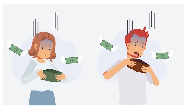 L'insieme dell'uomo e della donna è preoccupato per i soldi nel portafoglio, non ha soldi. mancanza di concetto di denaro. illustrazione del personaggio dei cartoni animati piatto vettoriale 2d.